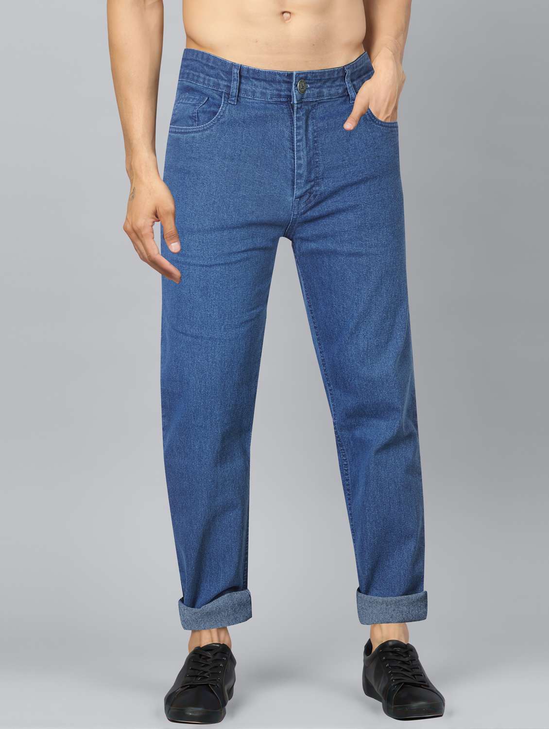 men plain mid rise full length jeans