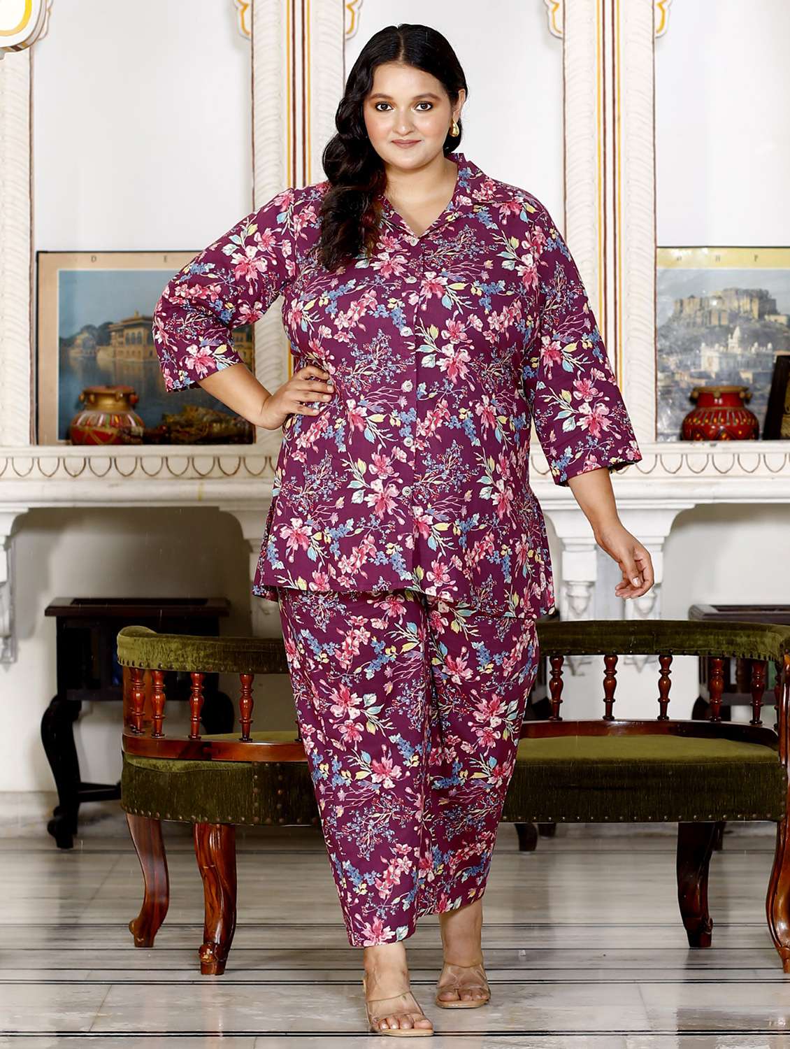 women three quarter sleeve plus size ethnic co-ord set - 22076444 -  Zoom Image - 0
