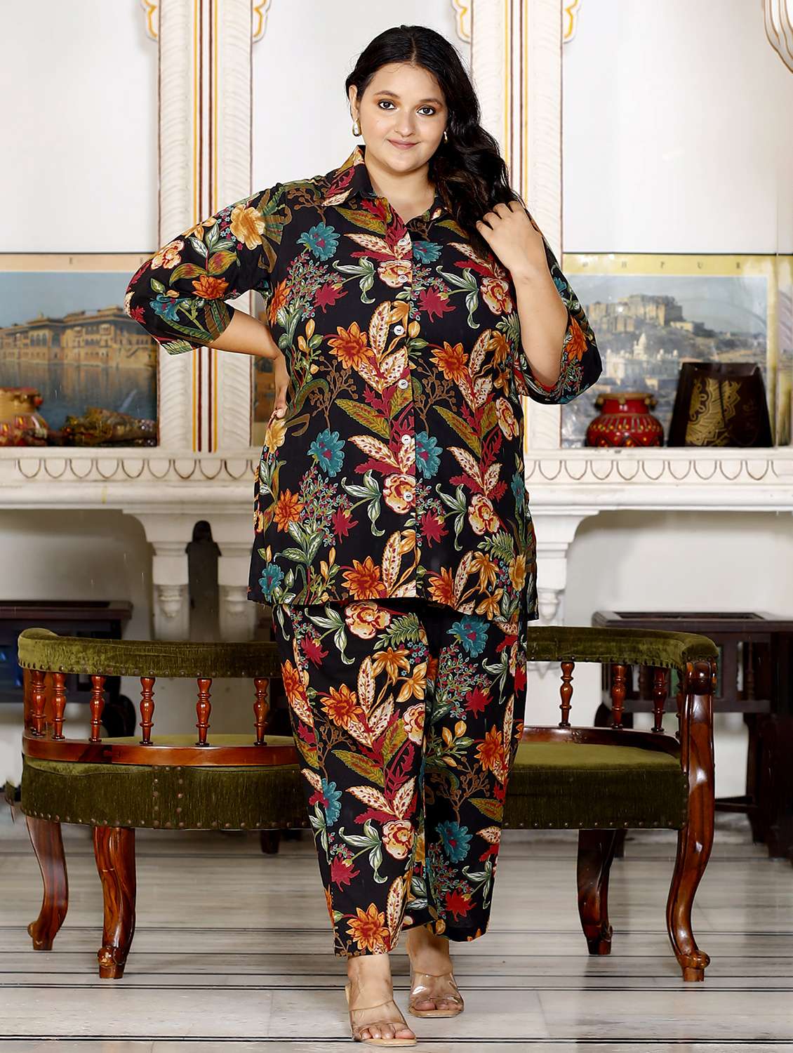 women three quarter sleeve plus size ethnic co-ord set