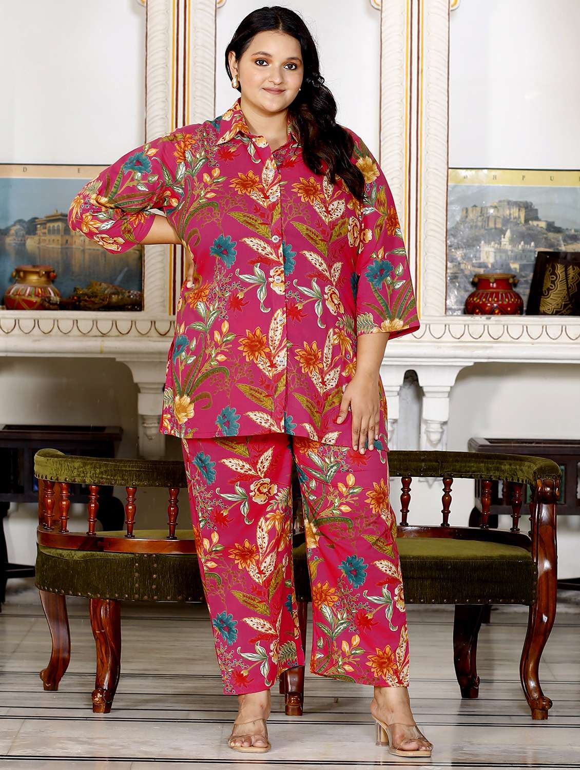 women three quarter sleeve plus size ethnic co-ord set