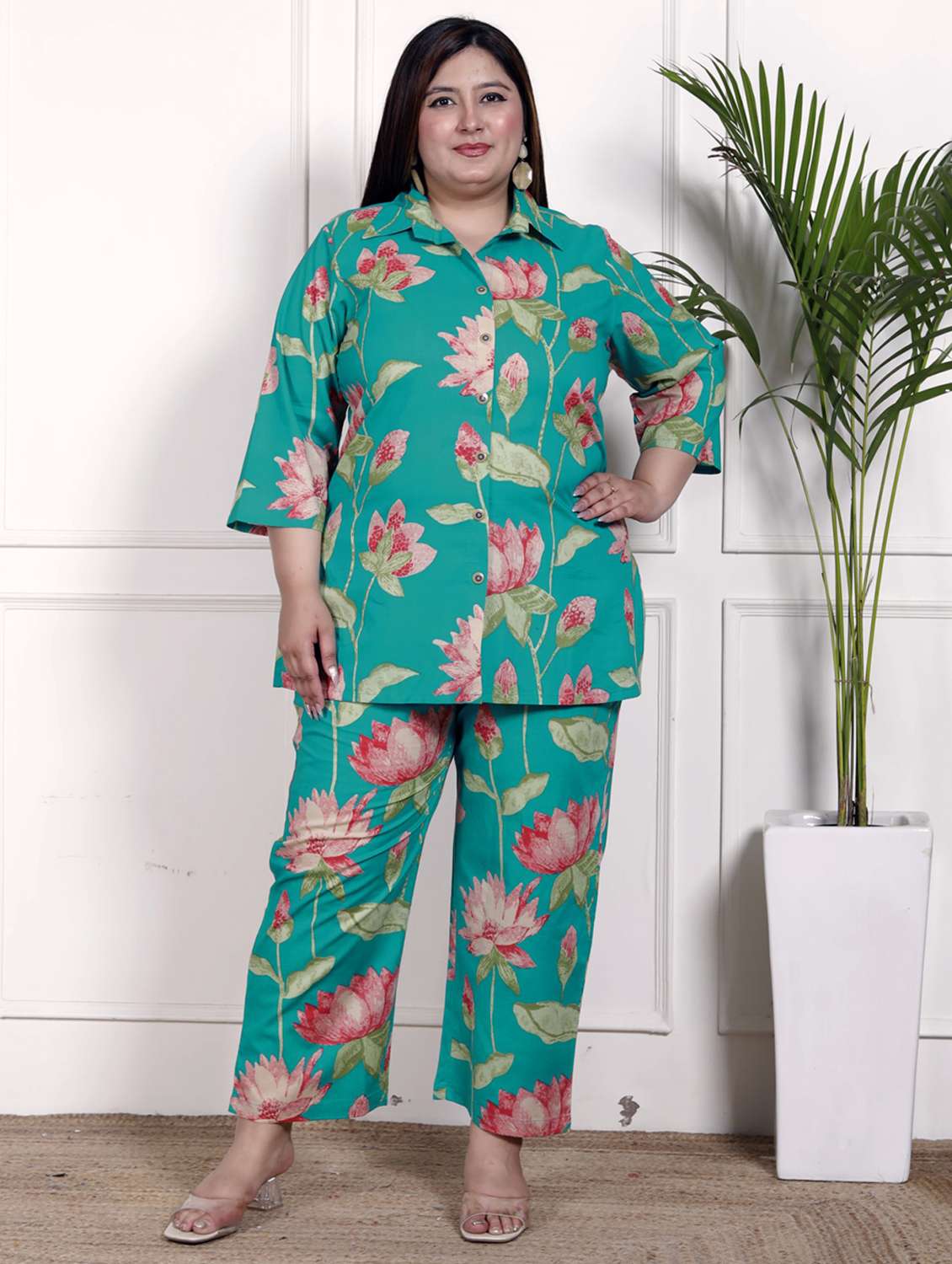 women three quarter sleeve plus size ethnic co-ord set