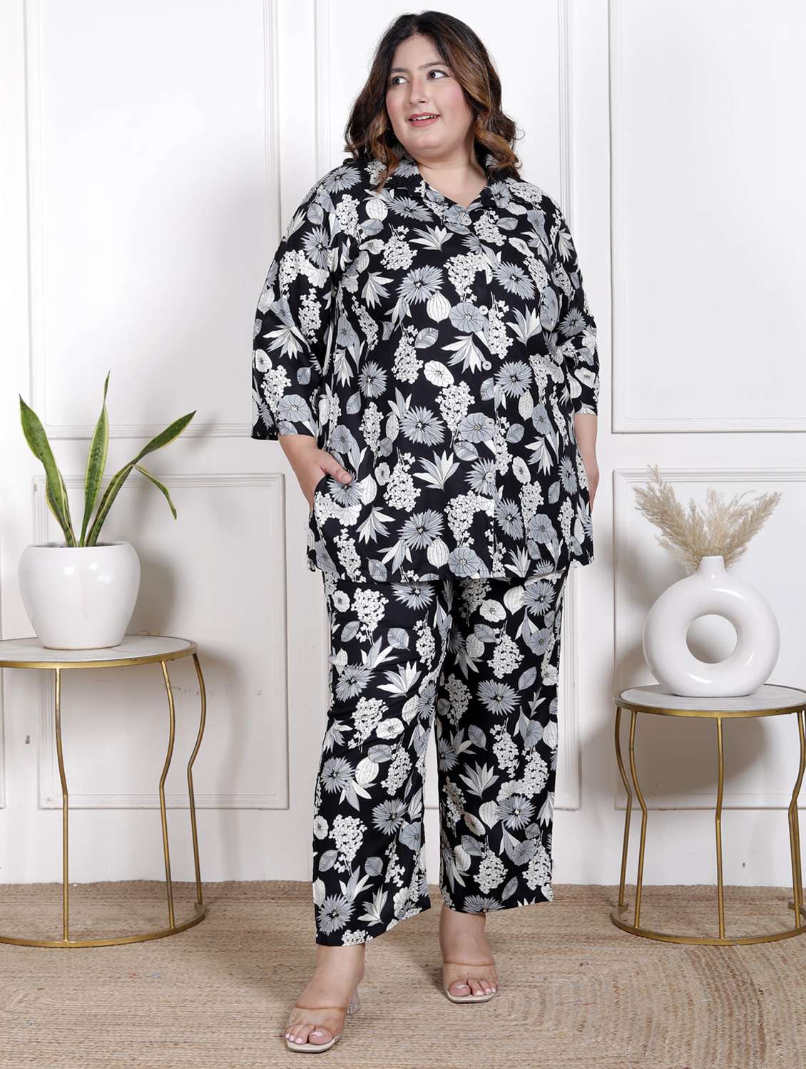 women three quarter sleeve plus size ethnic co-ord set