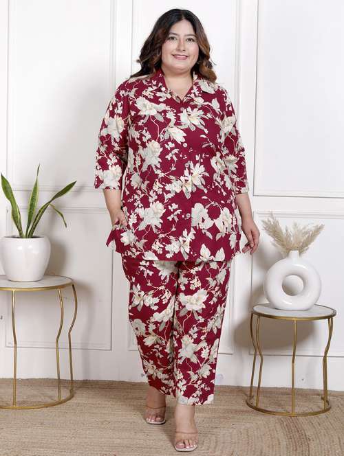 women three quarter sleeve plus size ethnic co-ord set - 22076467 - Standard Image - 0