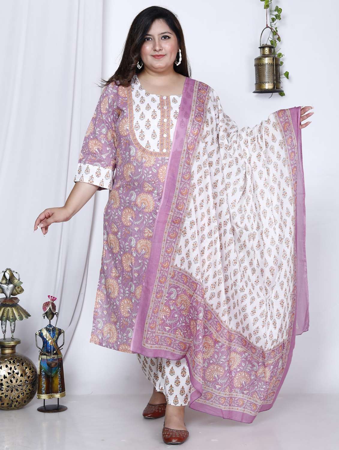 women floral printed three quarter sleeve kurta pant with dupatta set