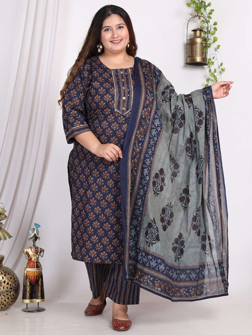 women printed three quarter sleeve kurta pant with dupatta set