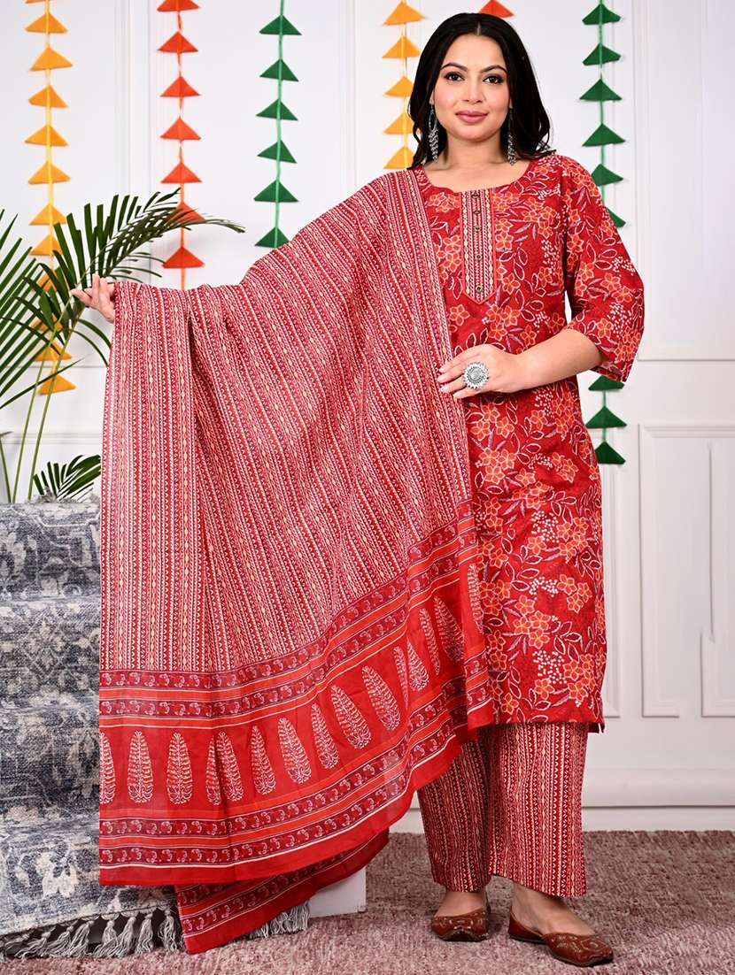 women floral printed three quarter sleeve kurta pant with dupatta set