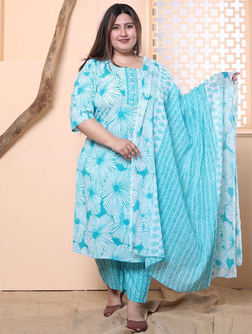 women printed three quarter sleeve kurta pant with dupatta set