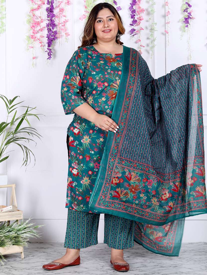 women floral printed three quarter sleeve kurta pant with dupatta set