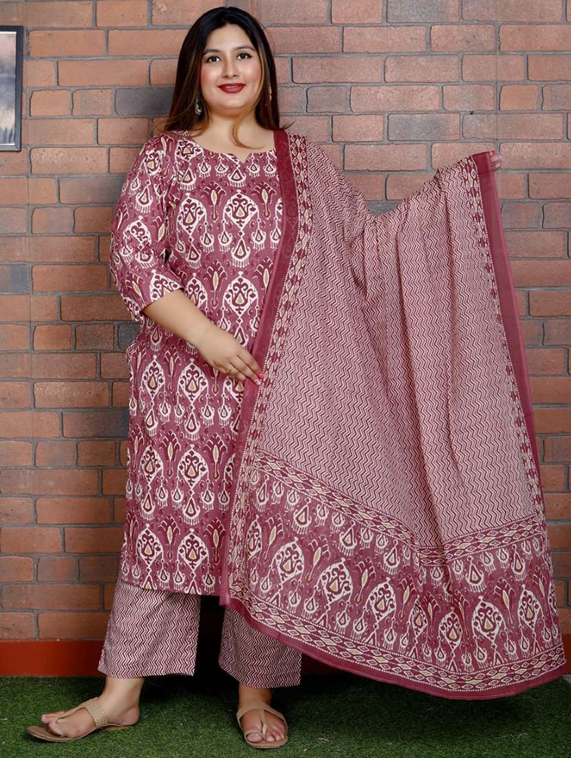 women ikat printed three quarter sleeve kurta pant with dupatta set