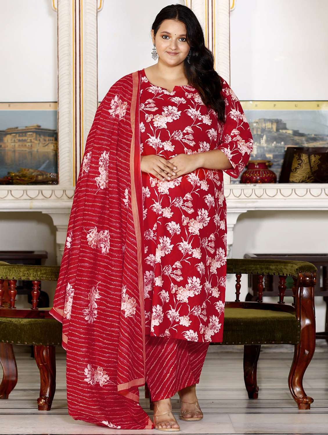 women floral printed three quarter sleeve kurta pant with dupatta set