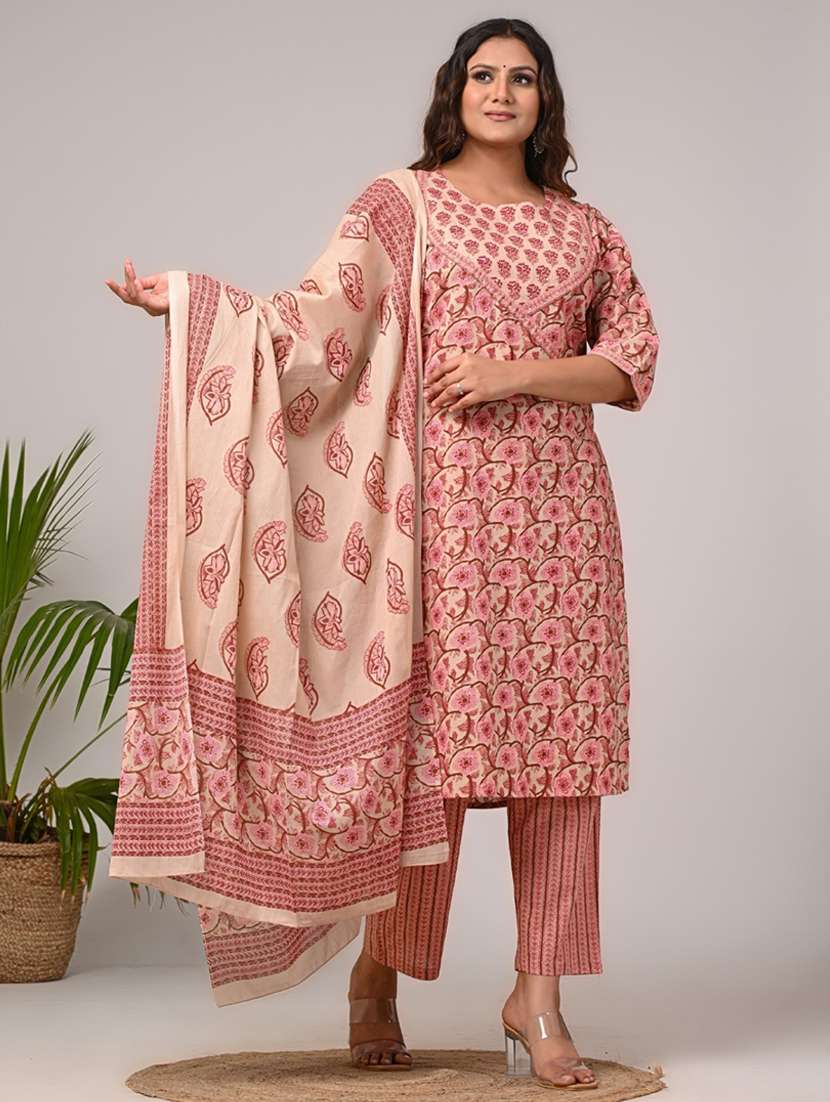 women floral printed three quarter sleeve kurta pant with dupatta set