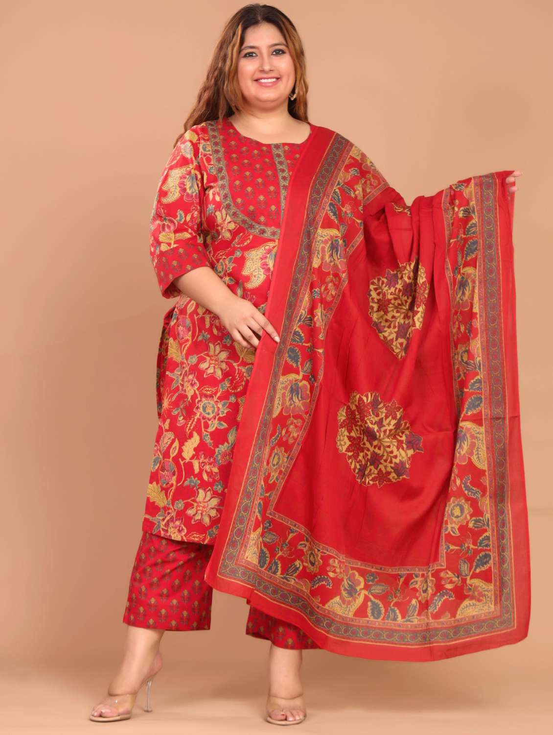 women floral printed three quarter sleeve kurta pant with dupatta set