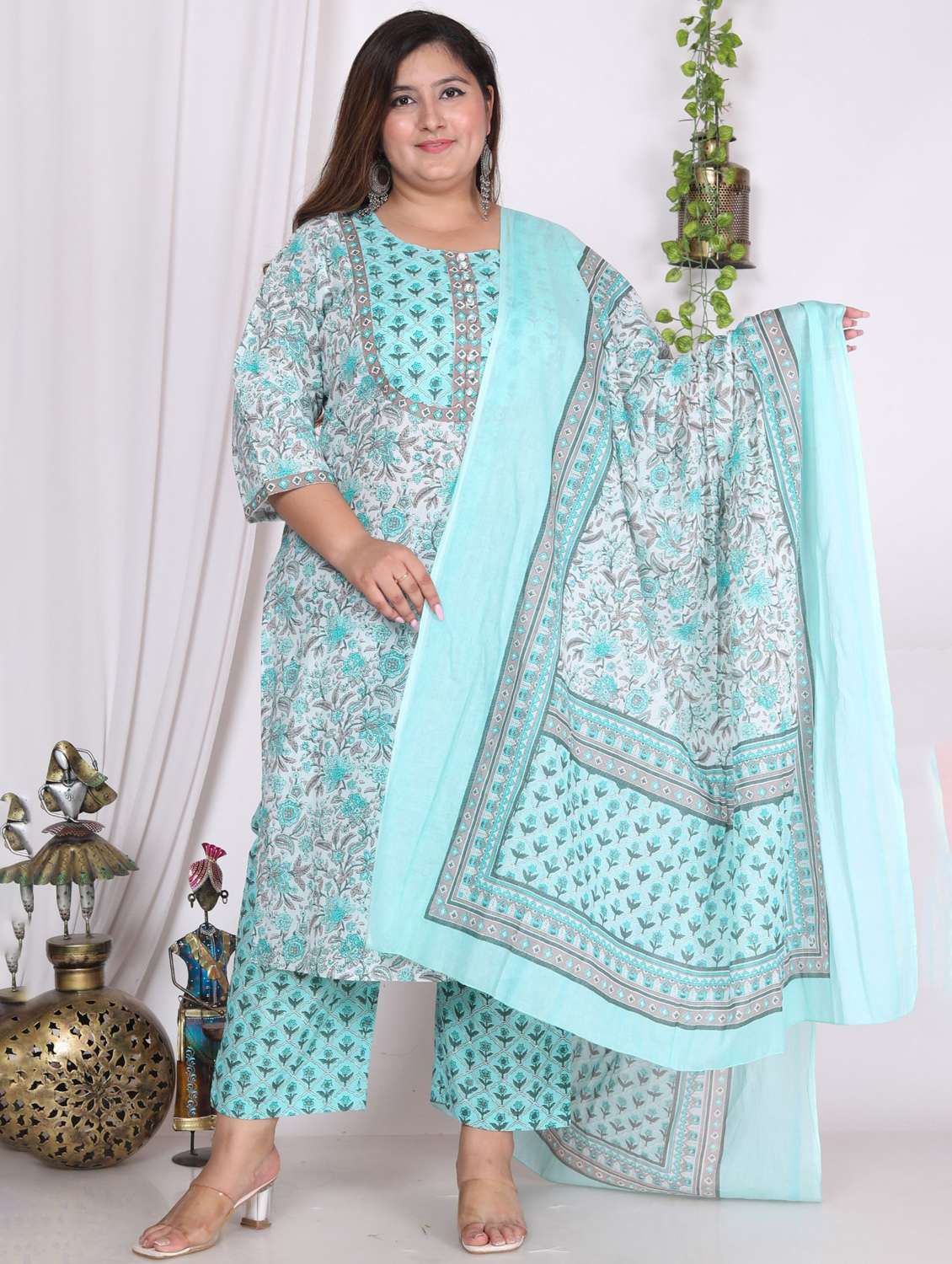 women floral printed three quarter sleeve kurta pant with dupatta set