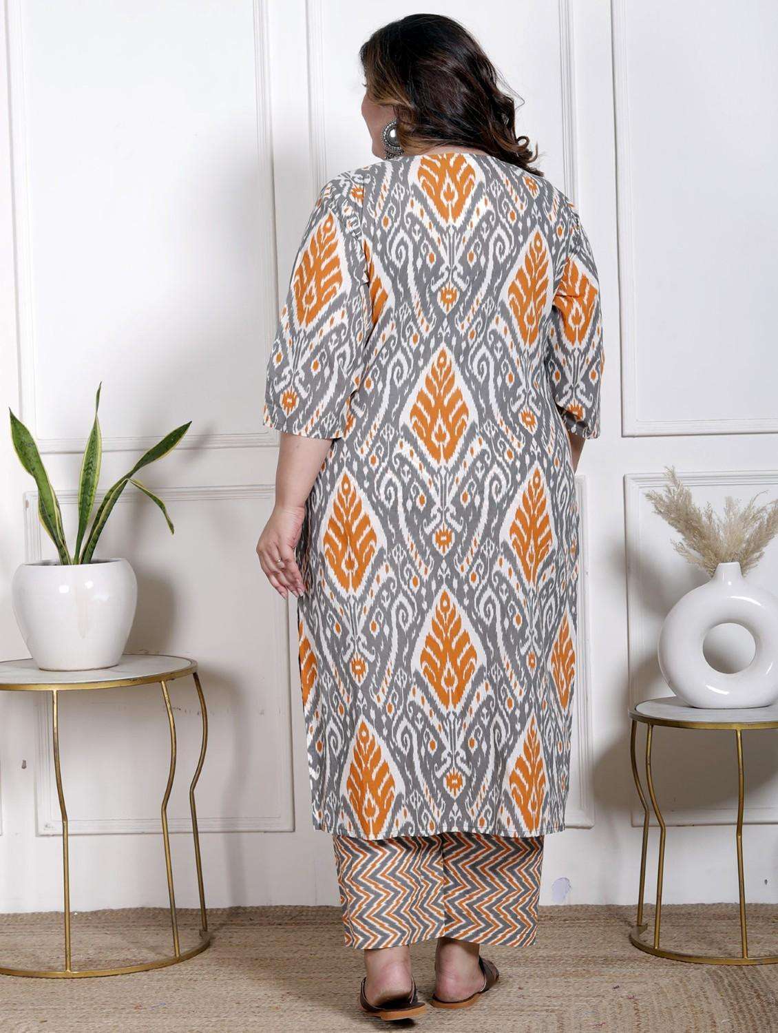 women ikat printed three quarter sleeve kurta pant with dupatta set - 22076526 -  Standard Image - 3