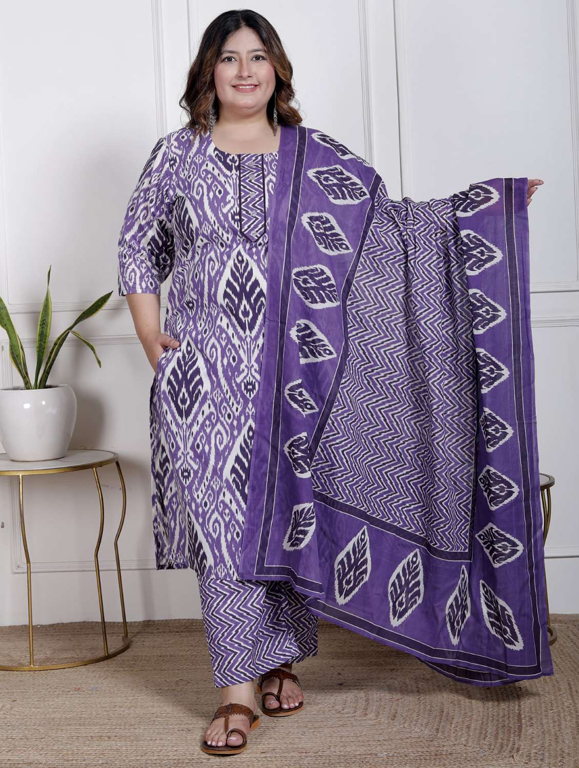 women ikat printed three quarter sleeve kurta pant with dupatta set