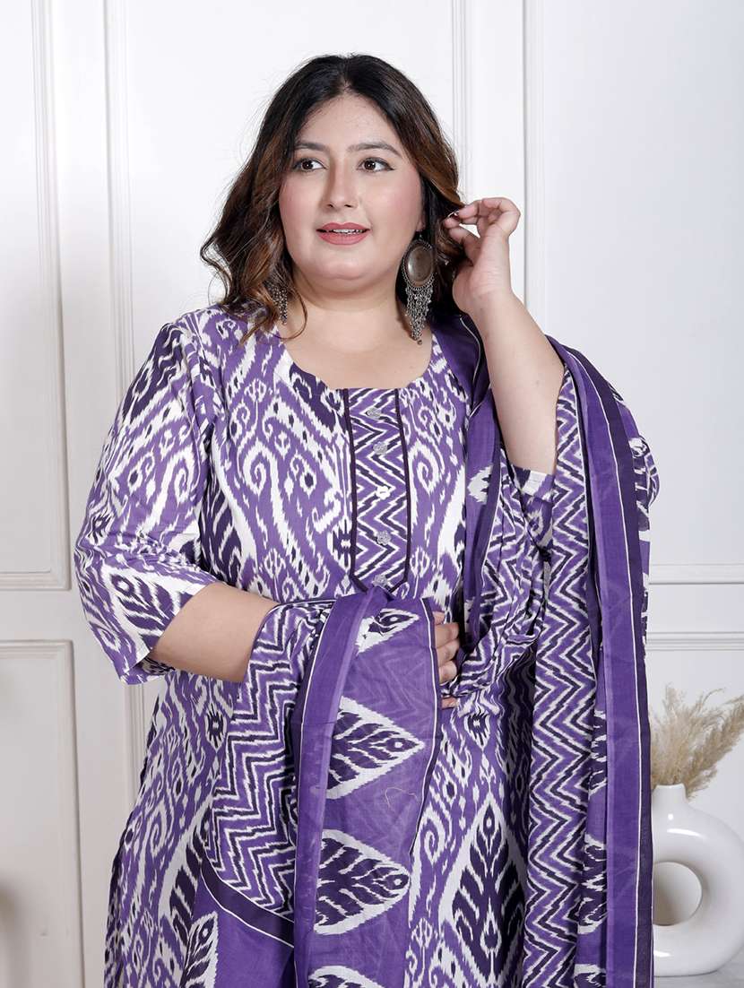 women ikat printed three quarter sleeve kurta pant with dupatta set - 22076527 -  Standard Image - 3