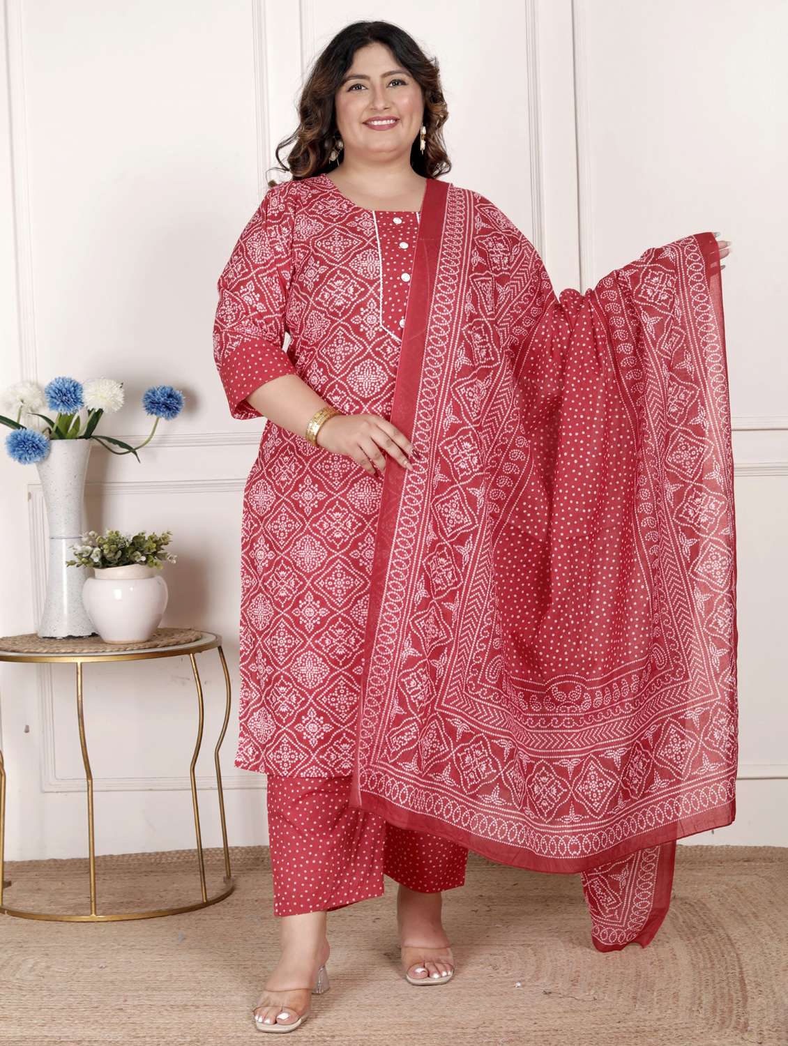 women bandhani printed three quarter sleeve kurta pant with dupatta set