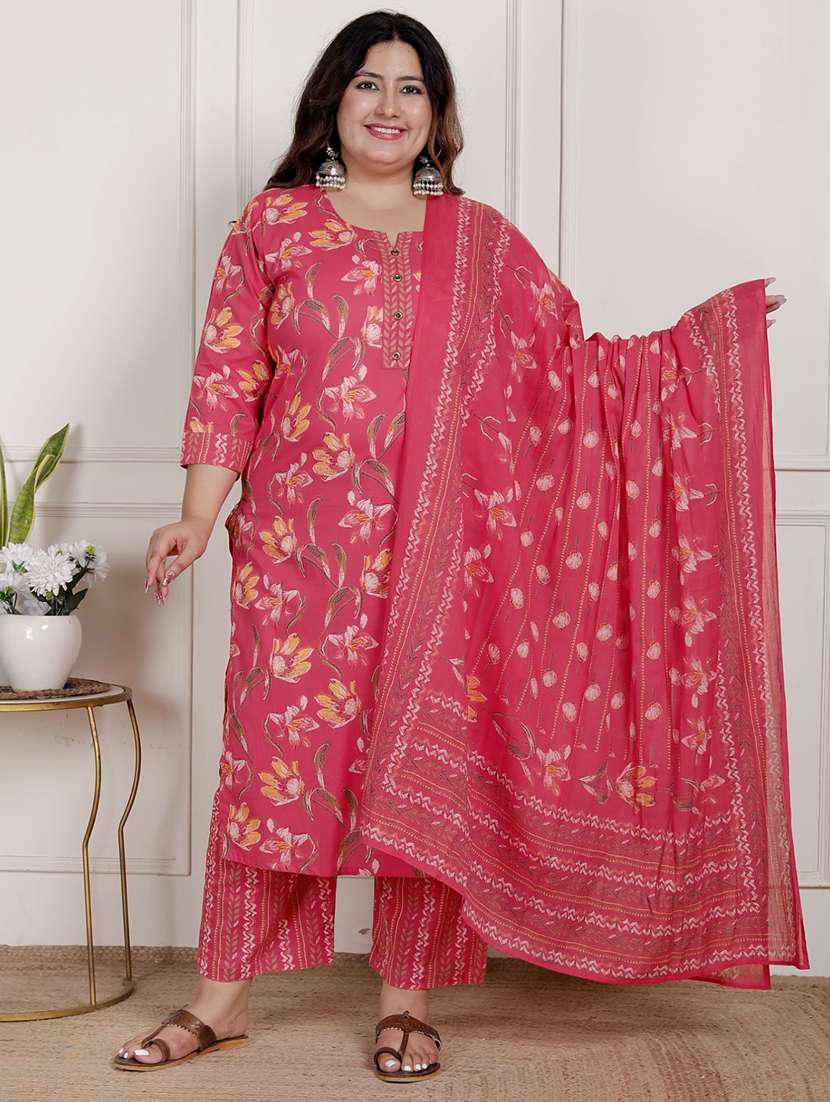 women floral printed three quarter sleeve kurta pant with dupatta set