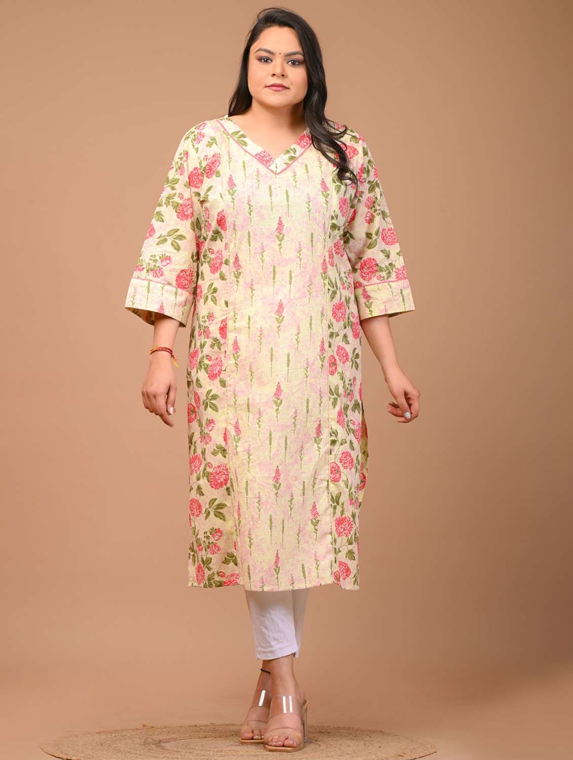 women plus size three quarter sleeve straight kurta