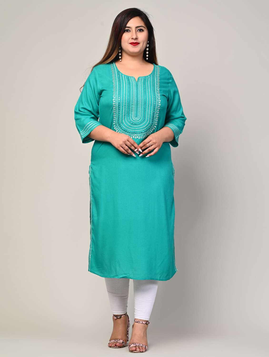 women plus size three quarter sleeve straight kurta - 22076595 -  Zoom Image - 0