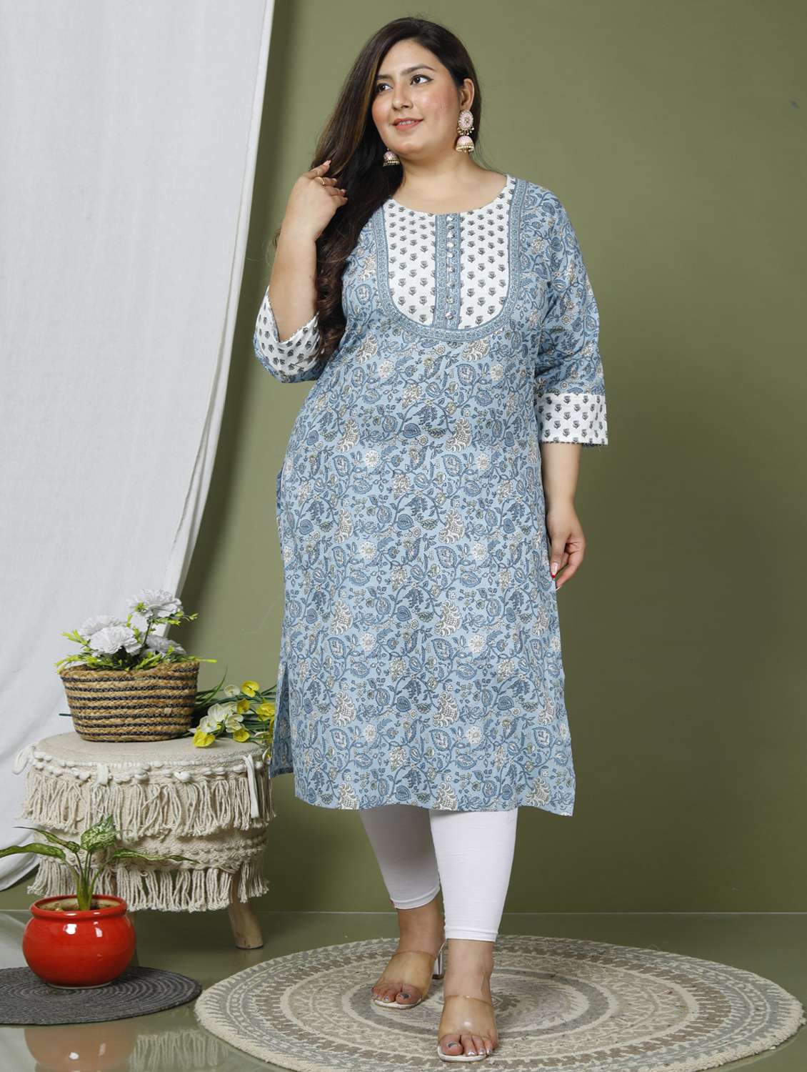 women plus size three quarter sleeve straight kurta