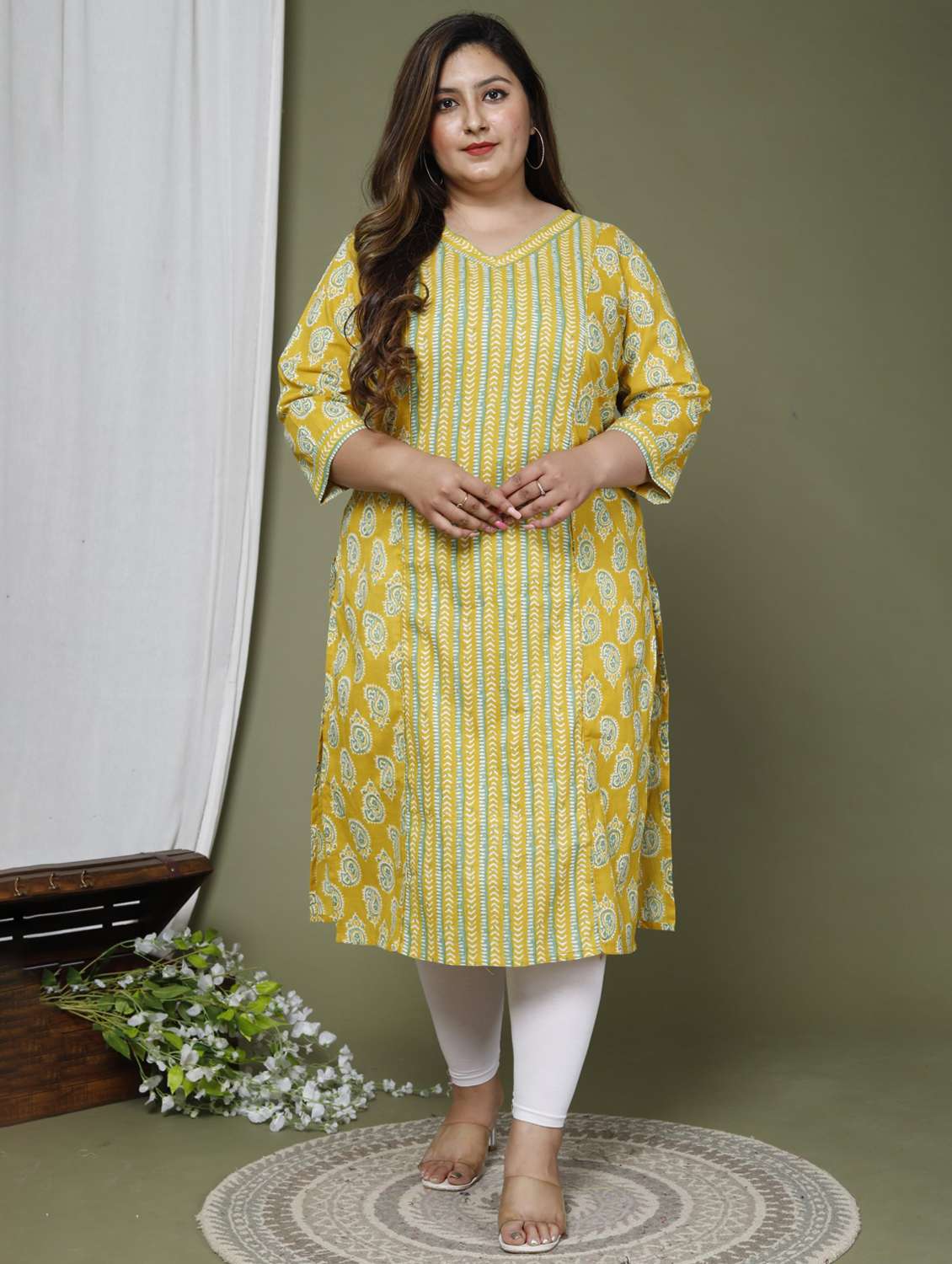 women plus size three quarter sleeve straight kurta