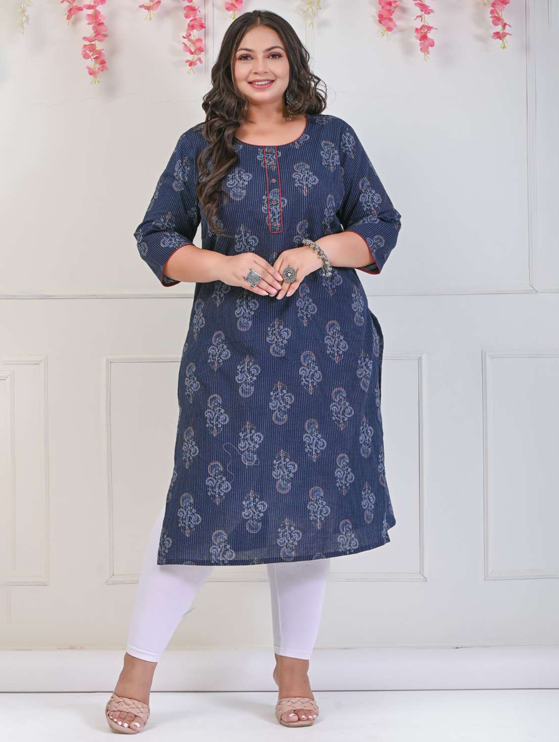 women plus size three quarter sleeve straight kurta