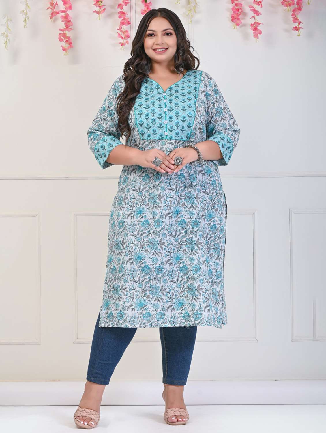 women plus size three quarter sleeve straight kurta