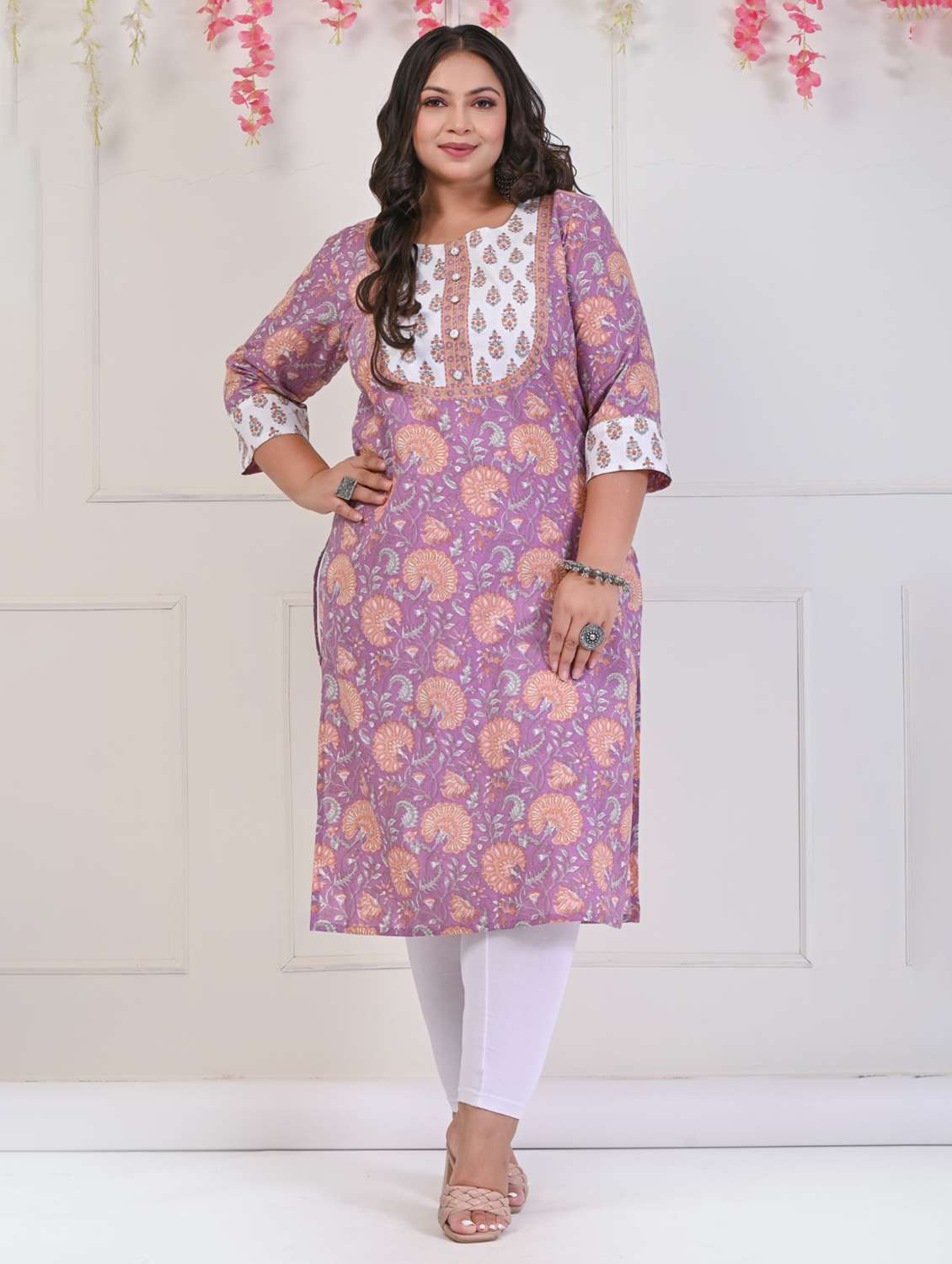 women plus size three quarter sleeve straight kurta