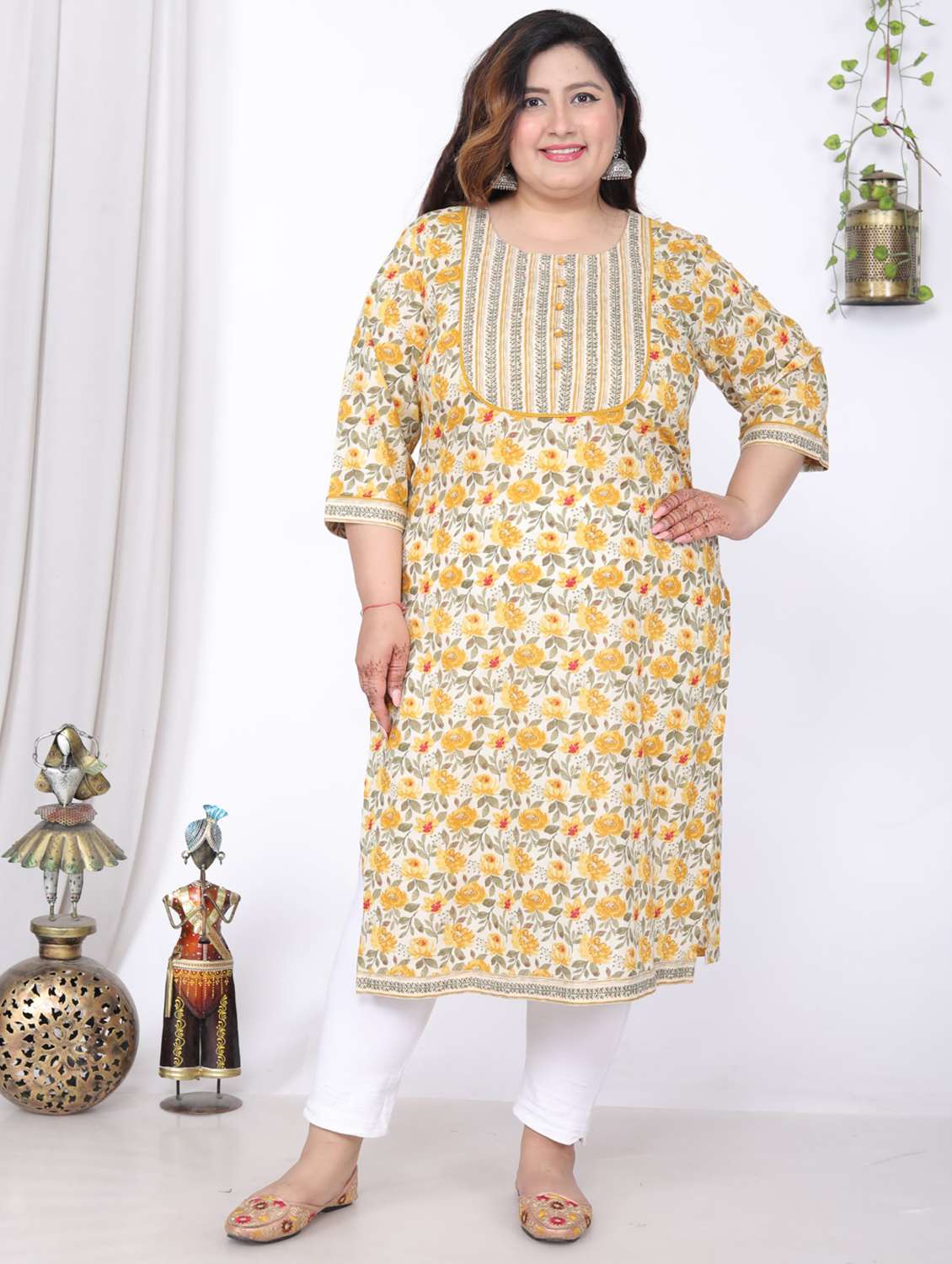 women plus size three quarter sleeve straight kurta