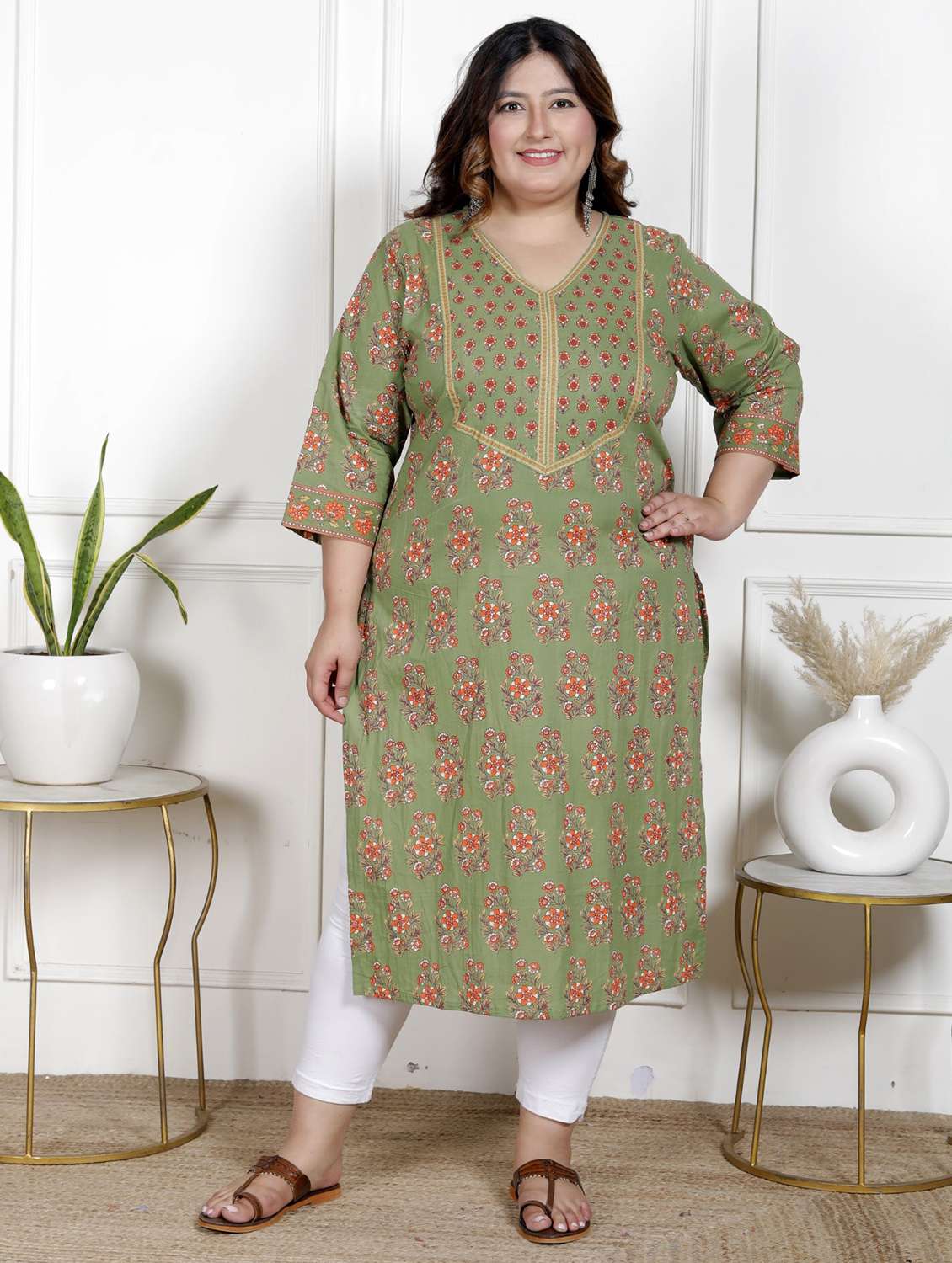 women plus size three quarter sleeve straight kurta