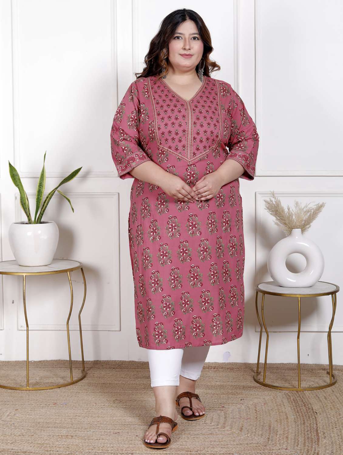women plus size three quarter sleeve straight kurta