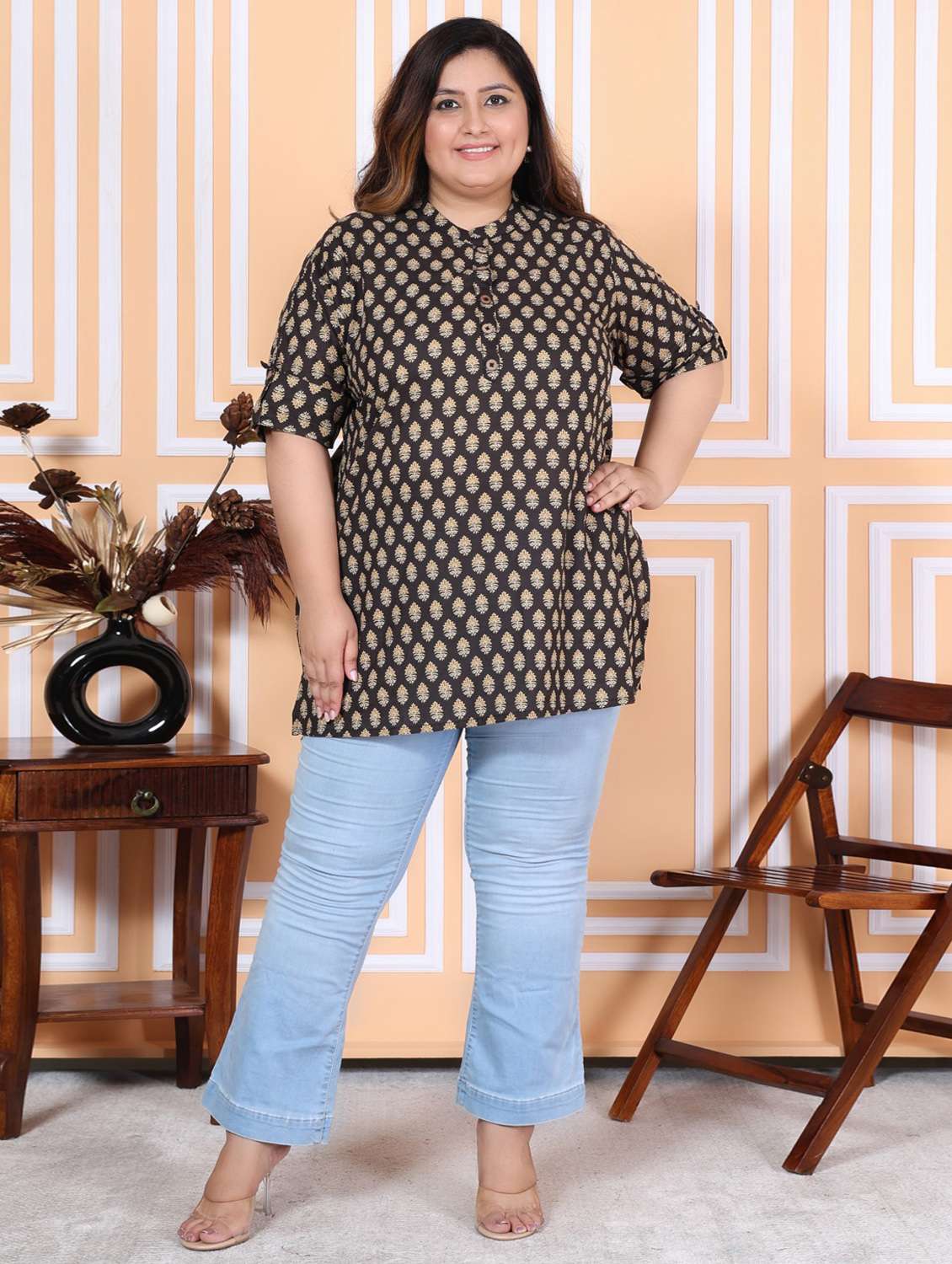 women plus size three quarter sleeve straight kurti