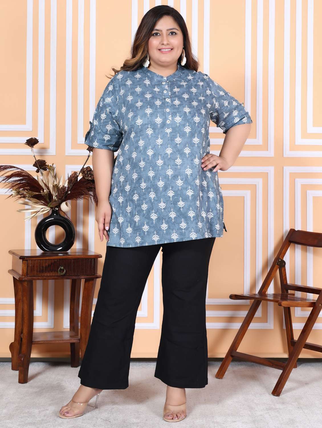 women plus size three quarter sleeve straight kurti