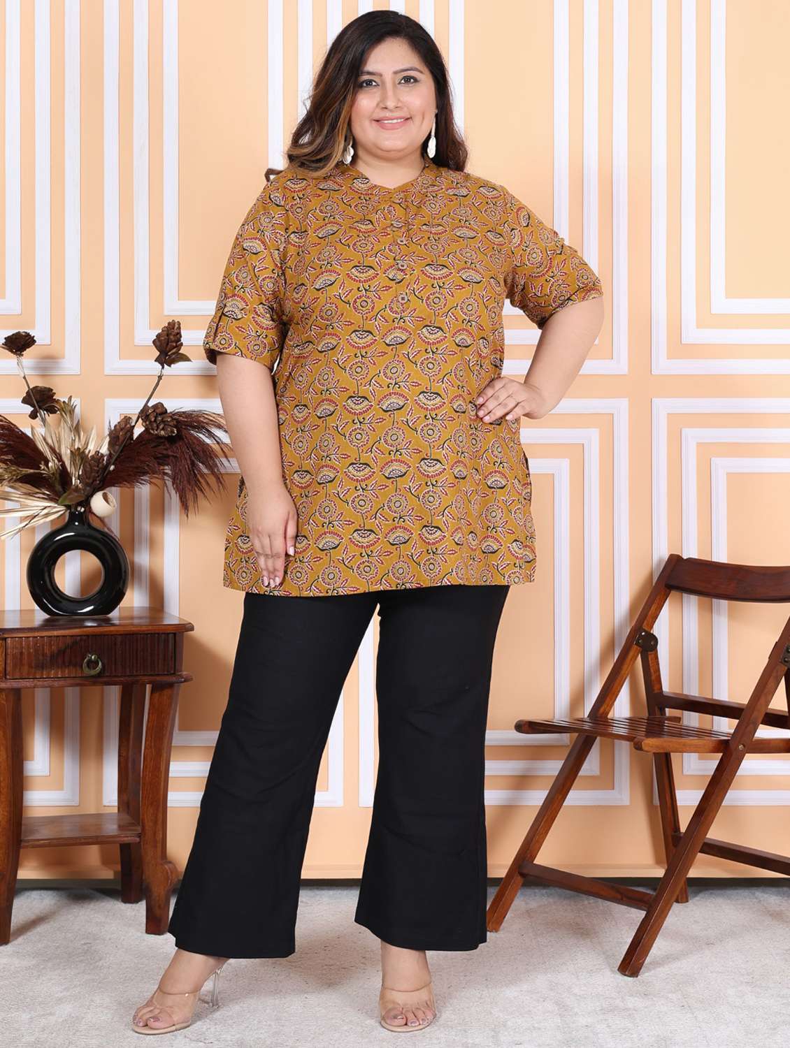 women plus size three quarter sleeve straight kurti