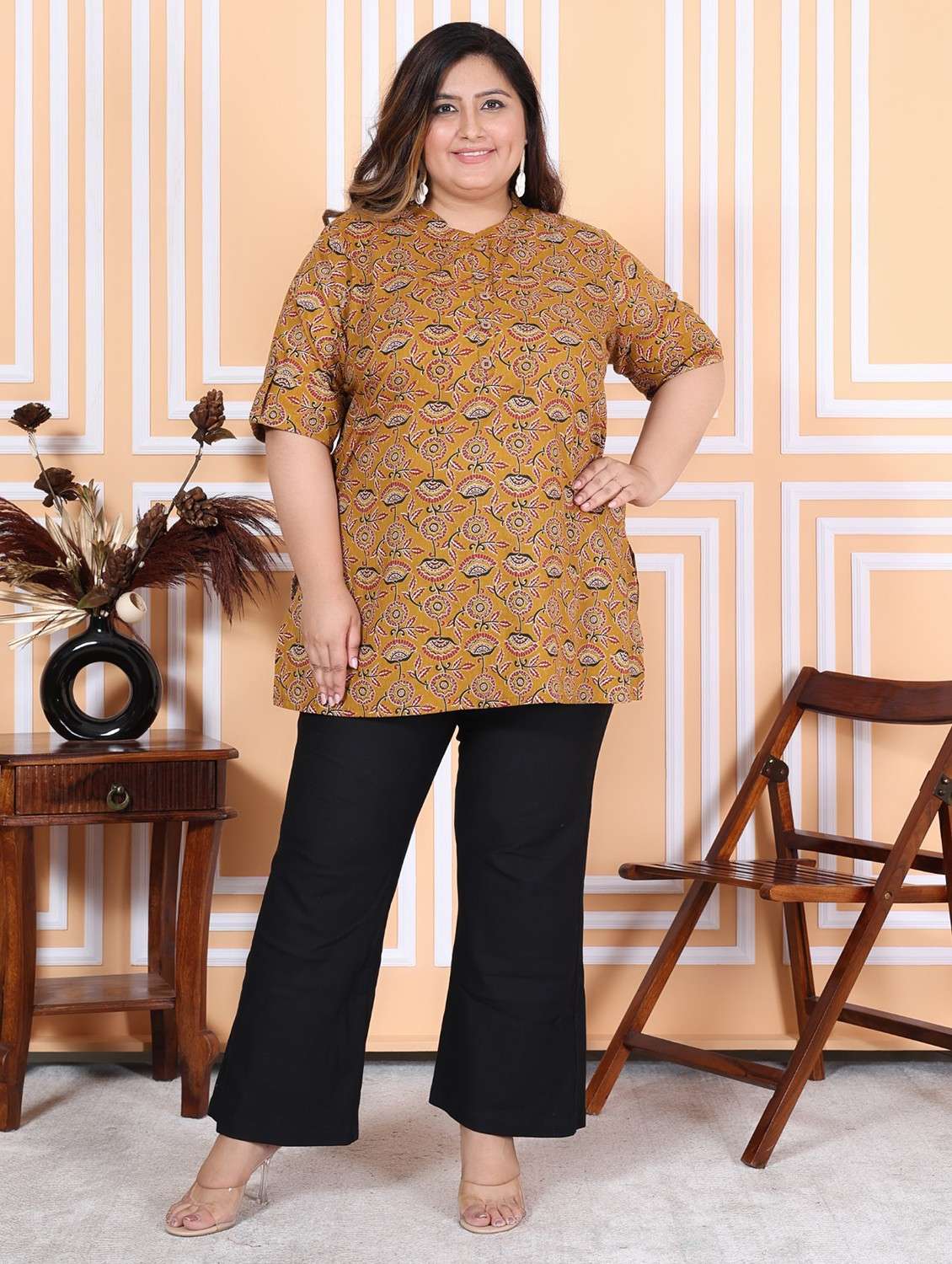 women plus size three quarter sleeve straight kurti - 22076672 -  Standard Image - 3