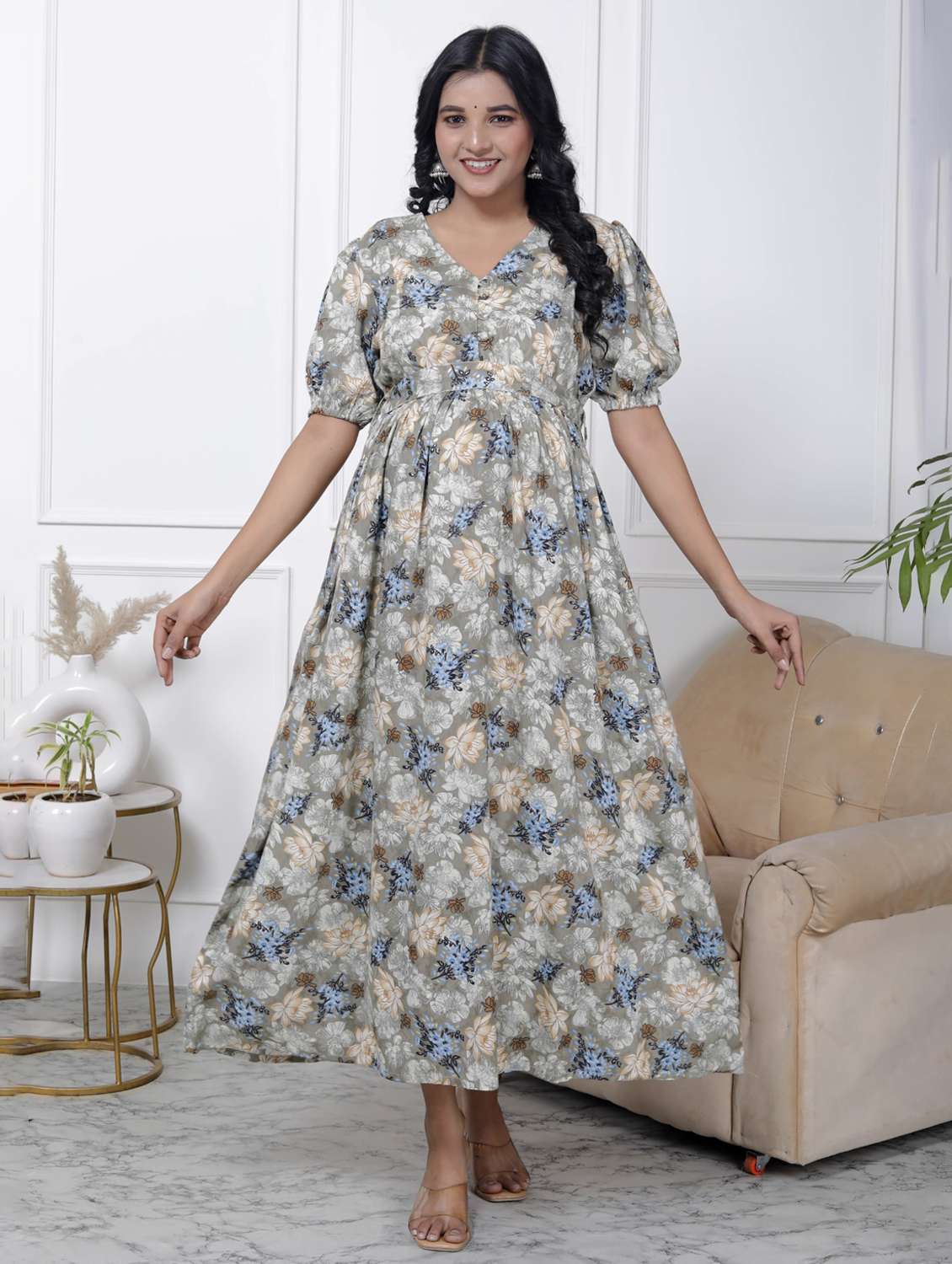 women printed puff sleeve maternity wear dress