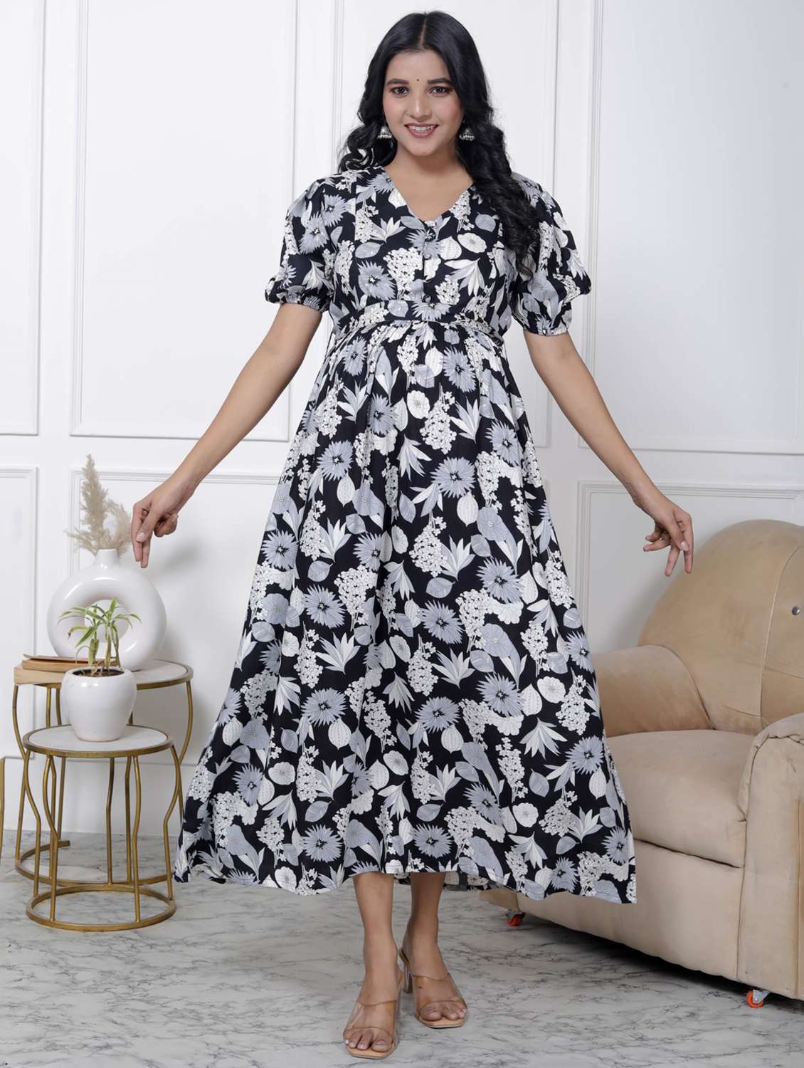 women printed puff sleeve maternity wear dress