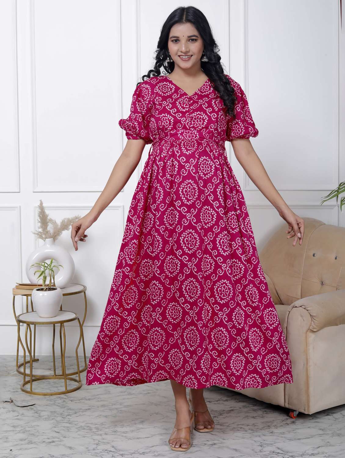 women printed puff sleeve maternity wear dress