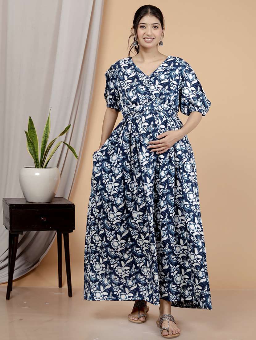 women printed puff sleeve maternity wear dress