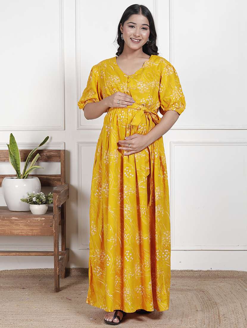 women printed puff sleeve maternity wear dress