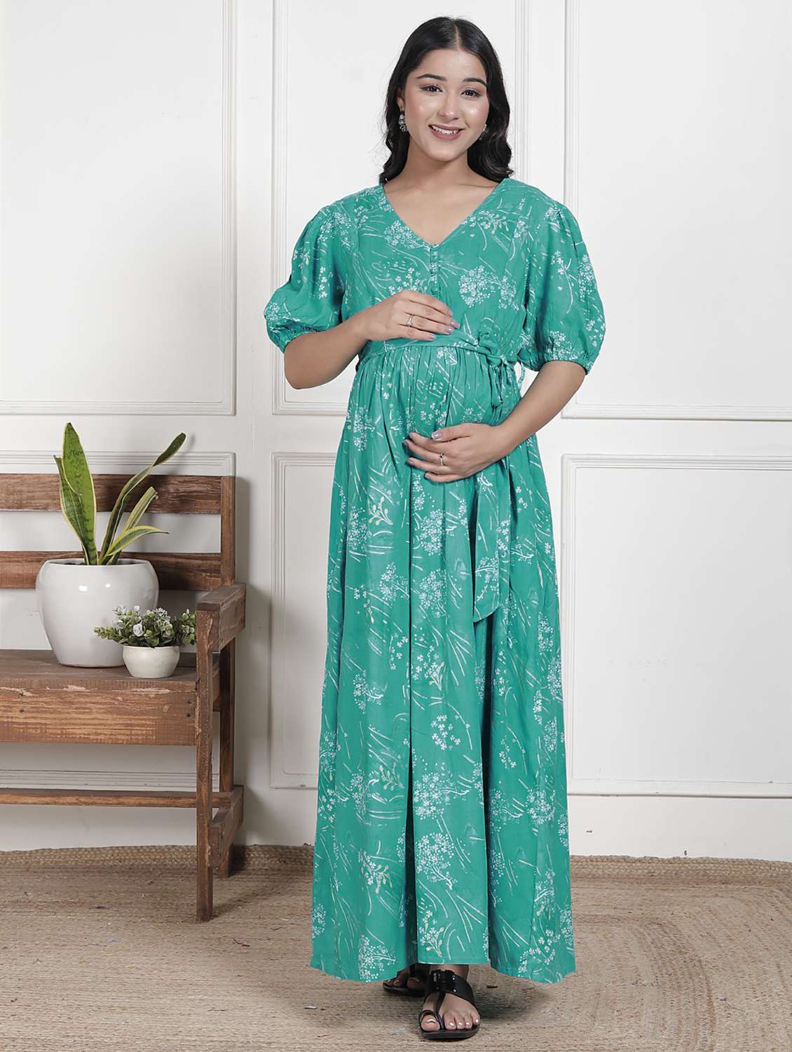 women printed puff sleeve maternity wear dress