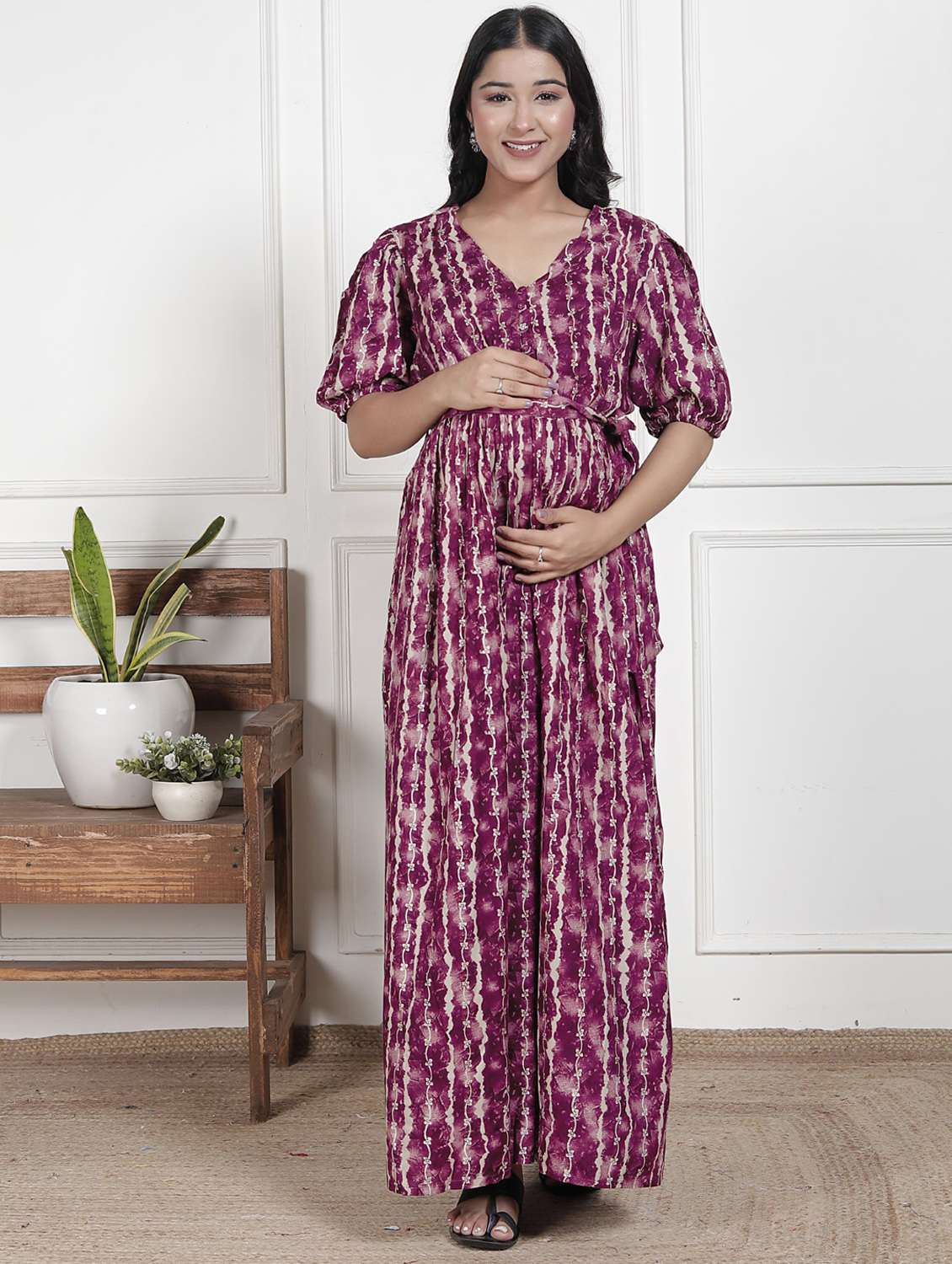 women printed puff sleeve maternity wear dress