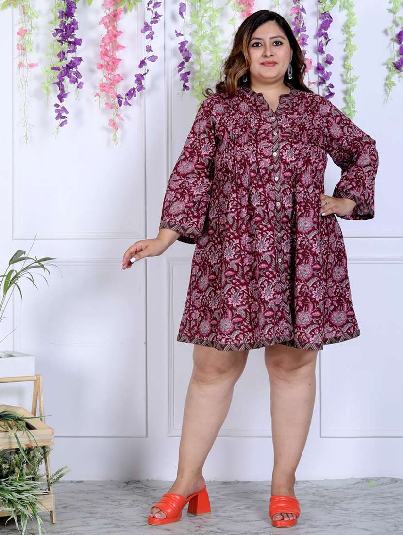 women plus size printed long sleeve a-line dress