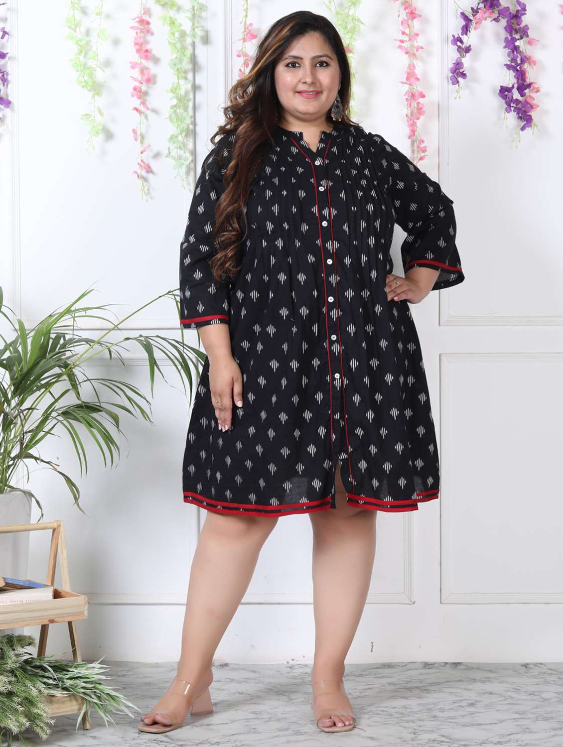 women plus size printed long sleeve a-line dress