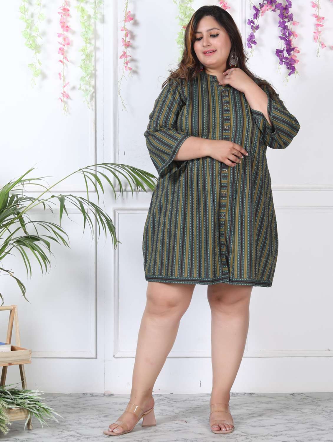 women plus size printed long sleeve a-line dress