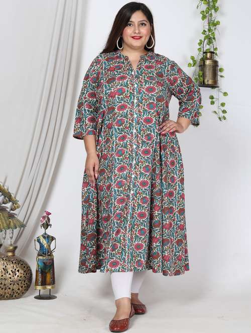 women printed three quarter sleeve flared kurta - 22076724 -  Standard Image - 0