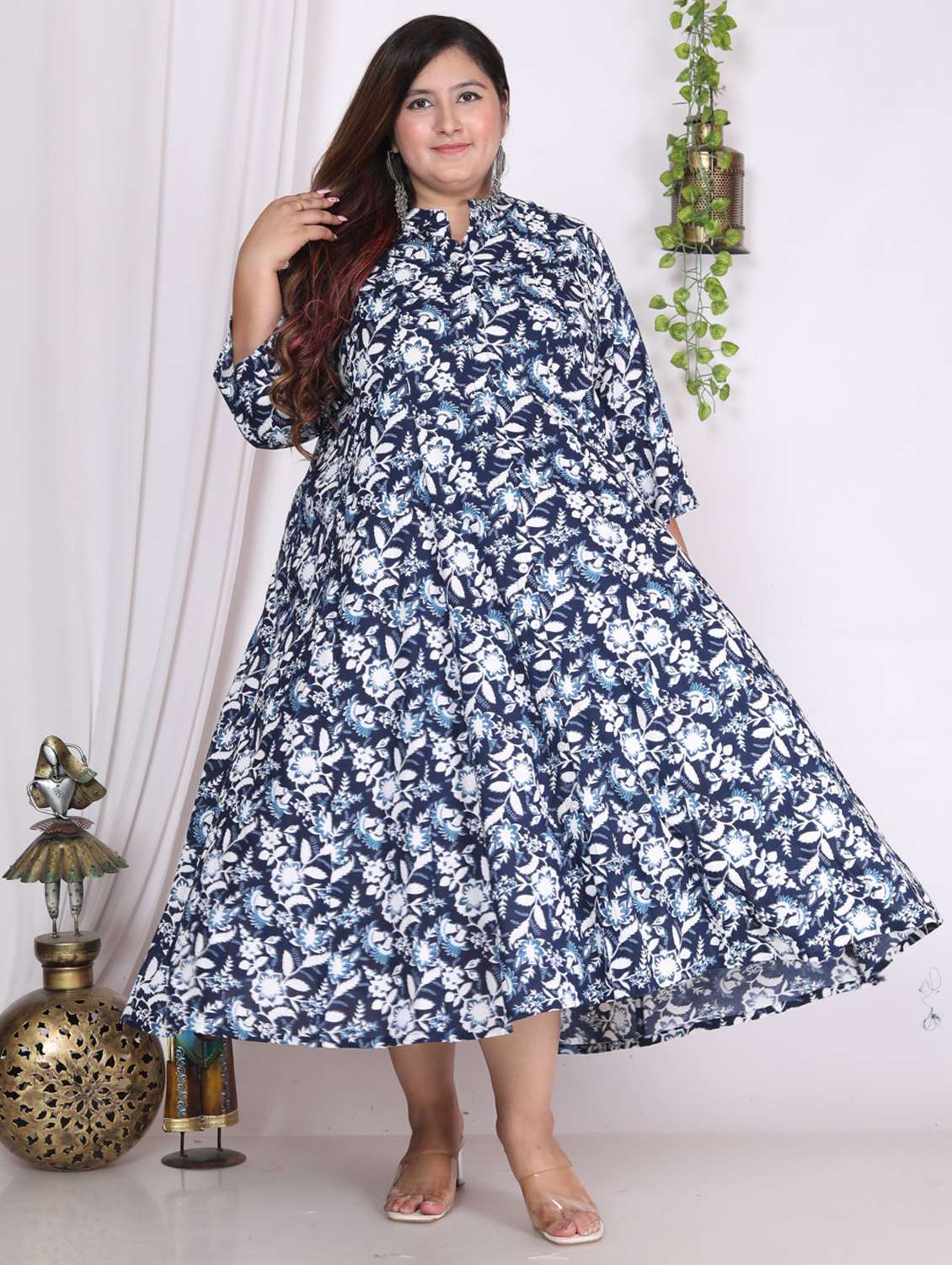 women plus size printed mandarin neck dress