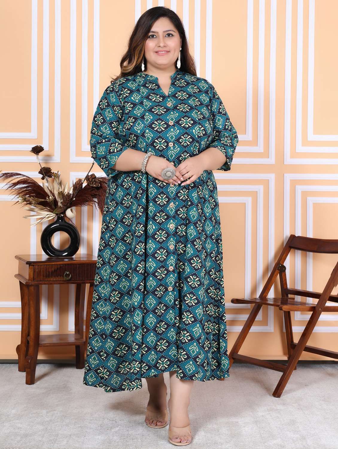 women plus size printed three quarter sleeve dress