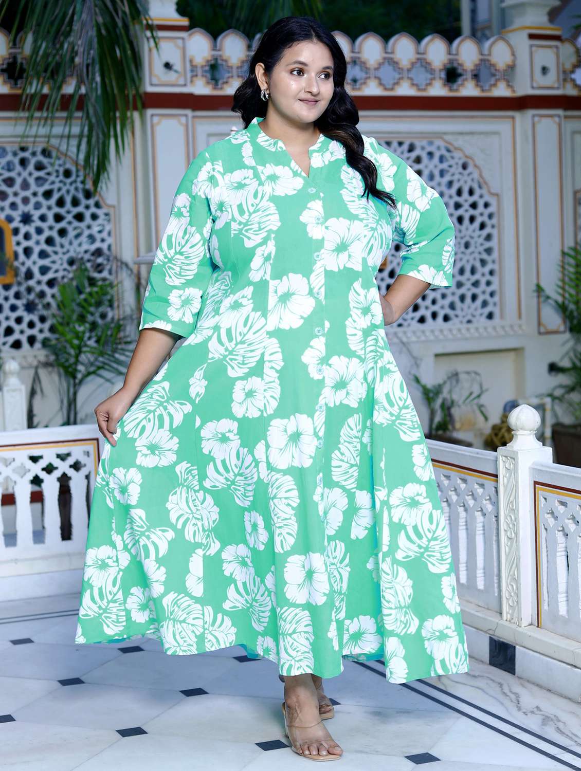 women plus size printed three quarter sleeve dress